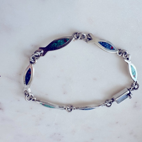 Vintage Taxco Sterling Silver Inlaid Stone Fish Link Bracelet M117 - Picture 6 of 8